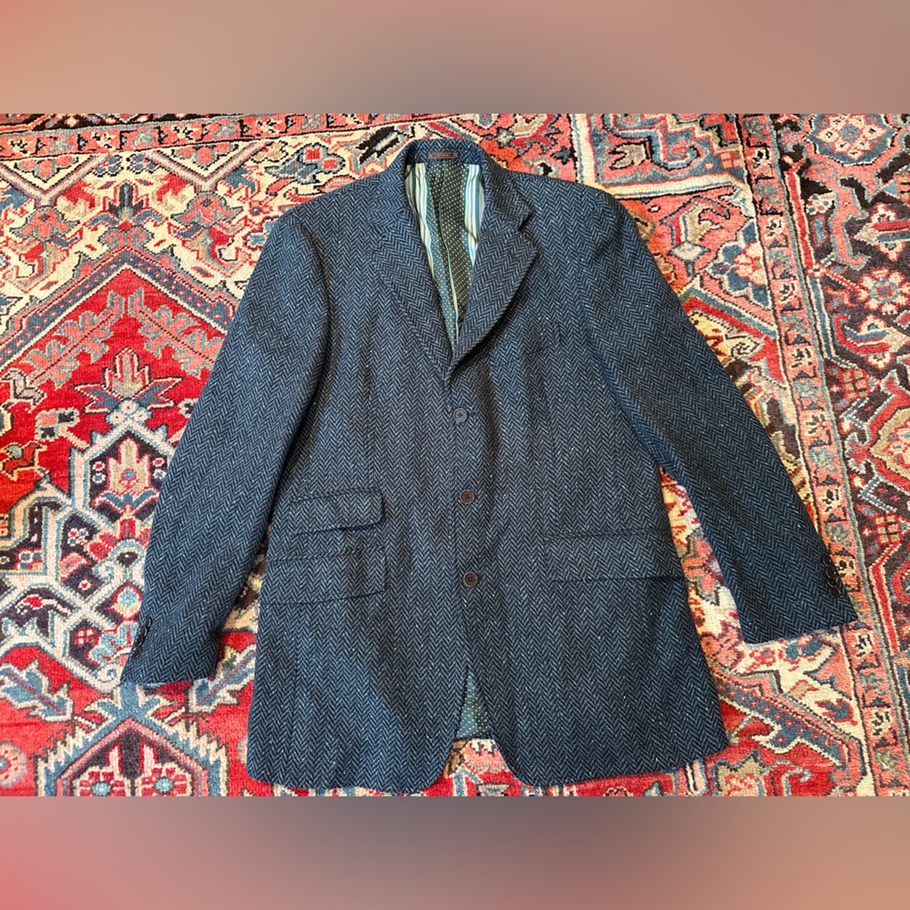 Etro Wool Blue and Charcoal Melange Herringbone Blazer Jacket— Size 54L